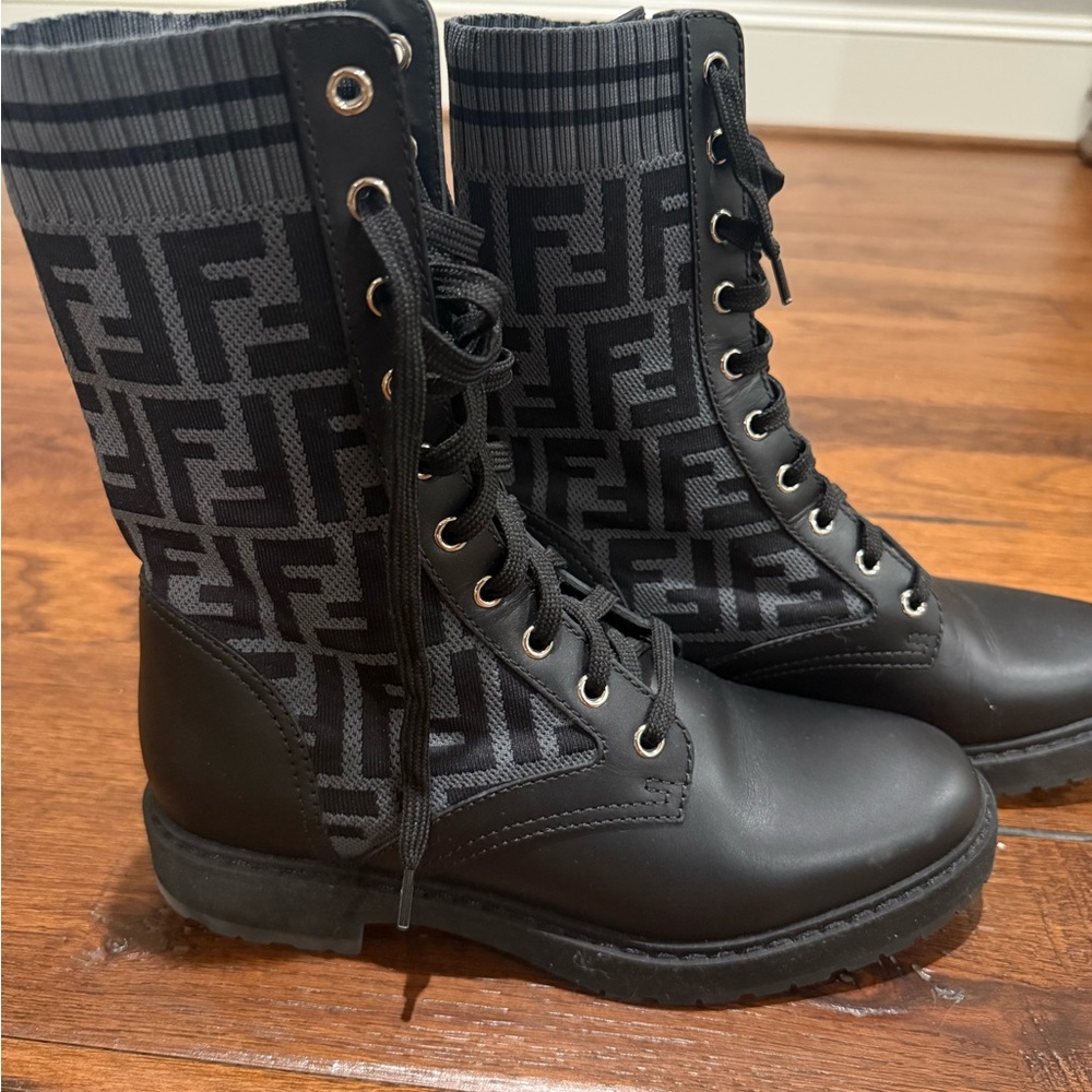 Fendi Black and Gray Lace-Up Combat Boots